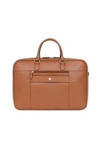 Leren aktetas in medium bruin met dubbele handvatten, een voorste ritszak en zilveren hardware-accenten. Gladde textuur en rechthoekige vorm.