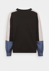 Sudadera negra con tejido texturizado en el cuerpo, acentuada con mangas en rosa claro y azul brillante. Cuello redondo y puños acanalados.