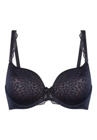 Reggiseno in pizzo nero con coppe imbottite, motivo floreale e fiocco decorativo al centro. Presenta spalline regolabili e bordo in pizzo smerlato.
