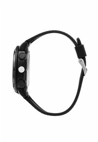 Black digital watch with a textured rubber strap, round case, two buttons on the side, and clear display. Features engraved labels for functions.