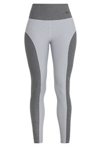 Šedé a světle šedé sportovní legíny s vysokým pasem. Vyrobené z elastického materiálu, s bočním barevným blokováním a logem na pase.