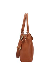 Braune Lederhandtasche mit doppelten Griffen, einem abnehmbaren, verstellbaren Riemen und goldfarbenen Beschlägen. Sie verfügt über einen Reißverschluss und eine glatte Textur.