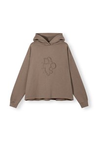 Bruine hoodie met een ontspannen pasvorm, voorzien van een textuur ontwerp met borduursel aan de voorkant. Zachte stof, ribgebreide boorden en een raw hem.