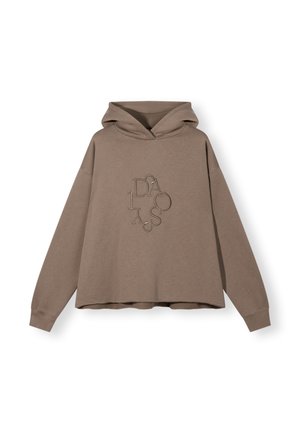 Bruine hoodie met een ontspannen pasvorm, voorzien van een textuur ontwerp met borduursel aan de voorkant. Zachte stof, ribgebreide boorden en een raw hem.