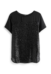 Haut en sequins noirs avec une section supérieure noire lisse. Manches courtes, encolure arrondie et ourlet légèrement courbé. Surface texturée.