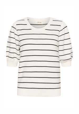 Biela blúzka s krátkym rukávom s čiernymi vodorovnými pruhmi, okrúhlym výstrihom a naberanými rukávmi. Vyrobená z textúrovanej pleteniny. Viditeľné meno značky.