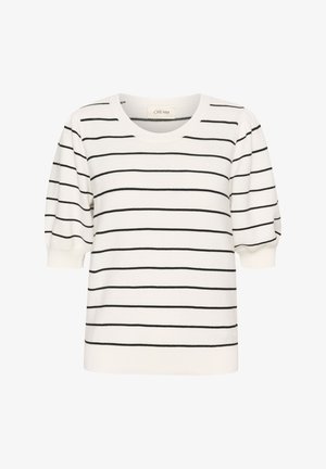 Biela blúzka s krátkym rukávom s čiernymi vodorovnými pruhmi, okrúhlym výstrihom a naberanými rukávmi. Vyrobená z textúrovanej pleteniny. Viditeľné meno značky.