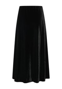 Črna, midi dolžine krilo iz gladkega, svilnatega materiala. Ima elastičen pas in razpršen silhueto za enostavno gibanje.