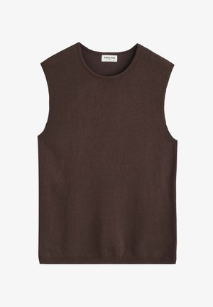 Gilet sans manches en maille brun foncé avec col rond et bord-côte, étiqueté "FRILIVIN" en taille moyenne.