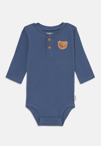 Body a manica lunga blu a coste con scollo tondo, apertura con tre bottoni e un'applicazione di un orso marrone sul petto. Tessuto di cotone.