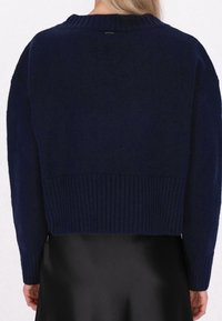 Pull en tricot bleu marine avec un design court, une ceinture côtelée et des manches longues. La texture semble douce et confortable.
