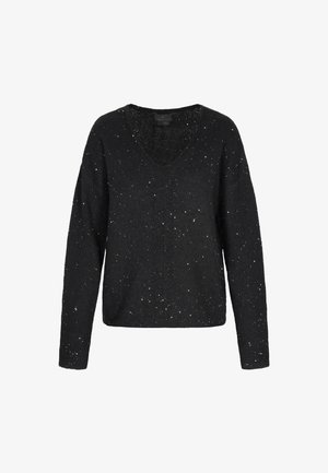 Czarny sweter dzianinowy z dekoltem w kształcie V, długimi rękawami i rozsiane srebrne kropeczki. Miękka tekstura, luźny krój oraz prążkowane mankiety i dół.