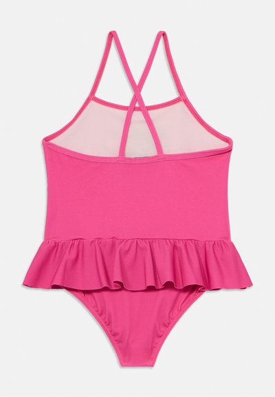 Costume da bagno intero rosa con orlo arricciato, schiena in rete e spalline incrociate. Realizzato in tessuto morbido e elastico.