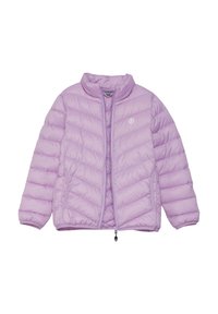 Ljuslila puffjacka med ståkrage, quiltat mönster, dragkedja fram och logotyp på bröstet. Mjuk, slät textur, lättvikt.