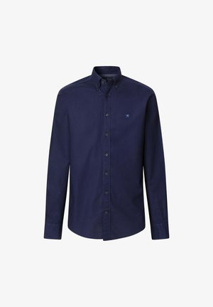 Camicia button-up a maniche lunghe blu navy con colletto classico, caratterizzata da un logo ricamato discreto e bottoni frontali, realizzata in morbido cotone.