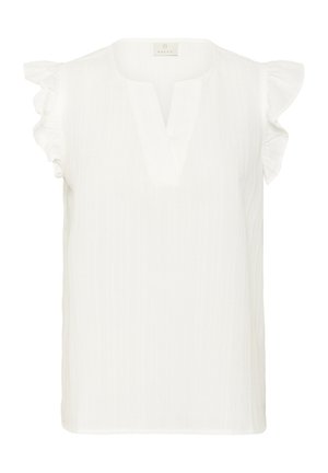 Blouse blanche à manches courtes avec un motif texturé subtil, décolleté en V et accents volantés aux épaules. Tissu léger.