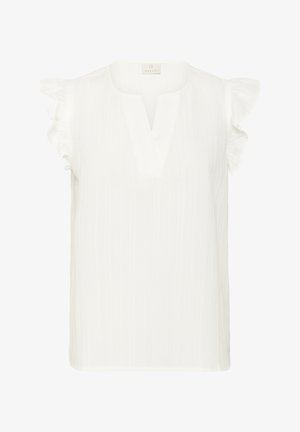 Fehér, rövid ujjú blúz, finom textúrával, V-nyakkivágással és fodros részletekkel a vállakon. Könnyű anyag.