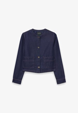 Dark blue denim jacket with long sleeves, round neck, two front pockets, and five button closures. Soft texture with a classic design.