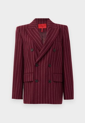 Burgundy double-breasted blazer with pinstripe pattern, notched lapels, two front pockets, and black buttons. Smooth texture. Lined interior.