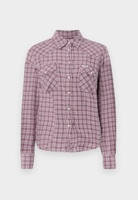 Chemise à carreaux violette et rose avec un col, deux poches poitrine et des manches longues. Fabriquée dans un tissu à motif de carreaux.