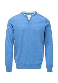 Maglione blu a maniche lunghe realizzato in tessuto lavorato a maglia, con collo a girocollo e un inserto bianco, dotato di tre bottoni neri, texture liscia, senza motivi.