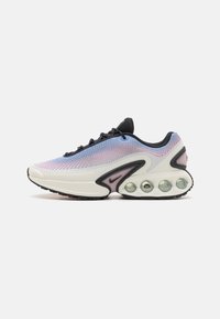 Sport sneaker with a white mesh upper, gradient blue and pink tones, black laces, and bubble heel cushioning. Textured sole for grip.