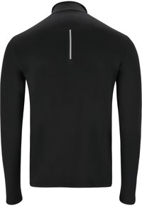 Sort langærmet polo-shirt med høj krave og en reflekterende vertikal stripe på ryggen. Glat tekstur og tætsiddende design.