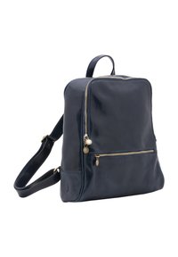 Zaino in pelle navy con texture liscia, forma rettangolare, spallacci regolabili e due tasche con zip con dettagli in hardware dorato.