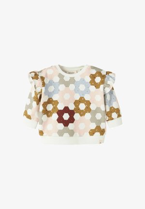 Patterned sweatshirt with hexagonal shapes in pastel pink, blue, brown, and cream. Features ruffled shoulders and ribbed hem. Soft fabric texture.