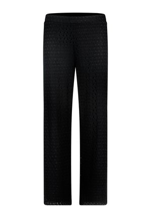 Black wide-leg pants with a textured, diamond pattern. Fabric appears lightweight and breathable, featuring a smooth waistband.