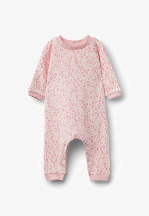 Body in cotone rosa con maniche lunghe, caratterizzato da una stampa di leopardo giocosa in rosa chiaro e bianco. Bottoni a pressione sul fondo per un facile accesso.