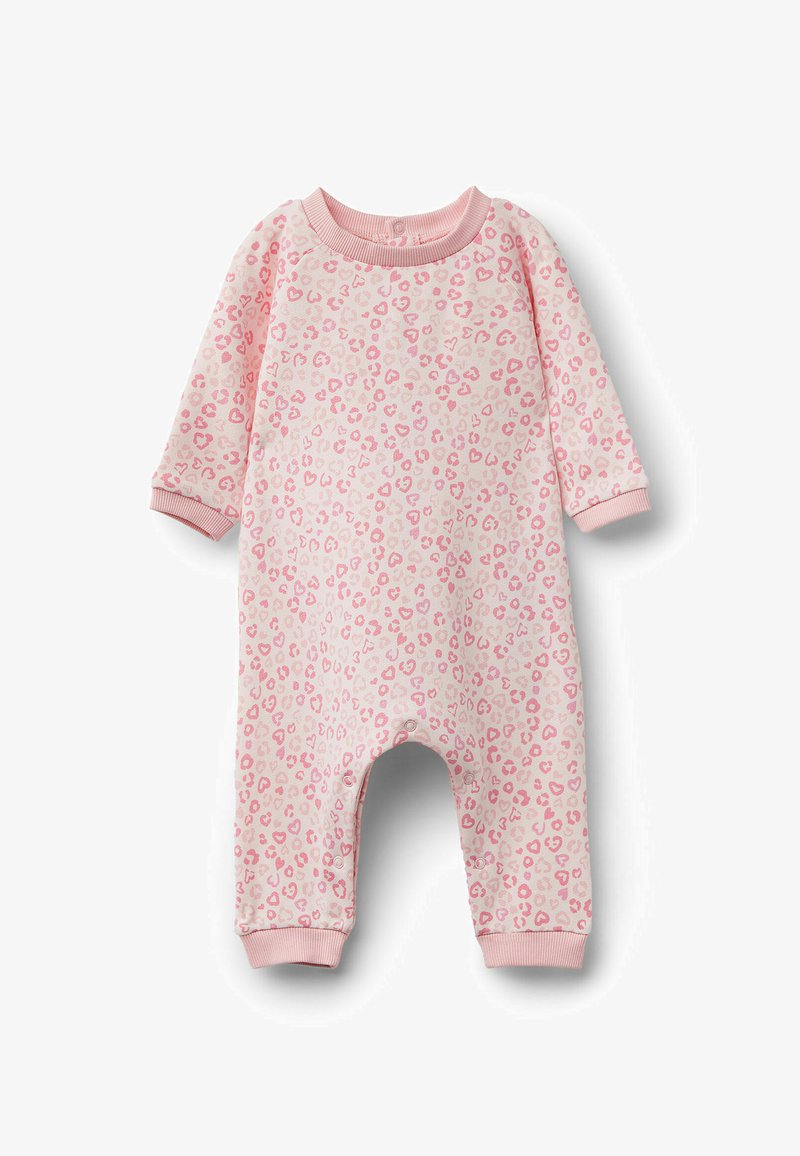 Różowy bawełniany kombinezon z długim rękawem, ozdobiony zabawnym nadrukiem w panterkę w jasnoróżowym i białym kolorze. Guziki zatrzaskowe na dole ułatwiające zakładanie.