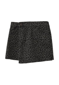 Dunkelgrauer Minirock mit schwarzem Leopardenmuster, vorderen Taschen und einem Knopfverschluss am Bund.