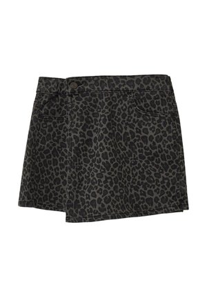 Mini gonna grigia scura con stampa leopardata nera, tasche frontali e chiusura a bottone sulla vita.