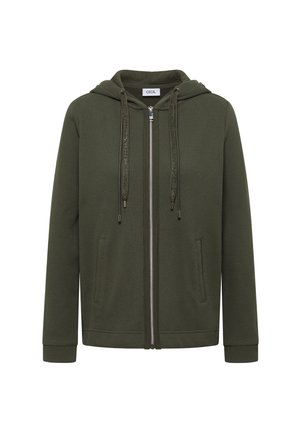 Sweat à capuche zippé vert olive avec manches longues, capuche avec cordon, poignets côtelés, poches avant et tissu texturé par CECIL.