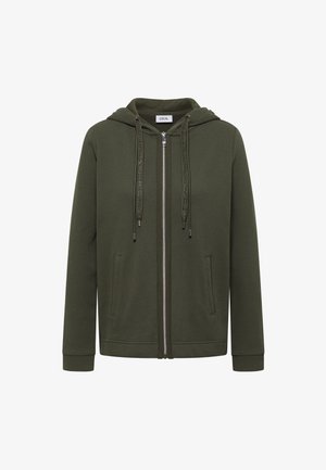 Olivově zelená mikina na zip s dlouhými rukávy, kapucí na stažení, žebrovanými manžetami, předními kapsami a strukturovanou tkaninou od CECIL.