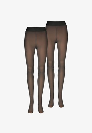 Czarne, cienkie rajstopy z jednolitym, czarnym pasem w talii. Charakteryzują się gładką teksturą i dopasowanym krojem, odpowiednie do noszenia na warstwach lub samodzielnie.