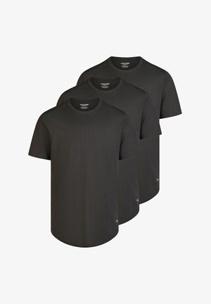 Drei schwarze kurzärmlige T-Shirts aus Baumwolle, mit rundem Halsausschnitt und normaler Passform, ausgestattet mit einem kleinen Logotag am Saum.