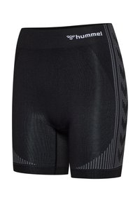 Zwarte sportieve shorts met een aansluitend ontwerp, gemaakt van rekbaar materiaal. Bevat een geweven paneel met een geometrisch patroon en een wit logo.