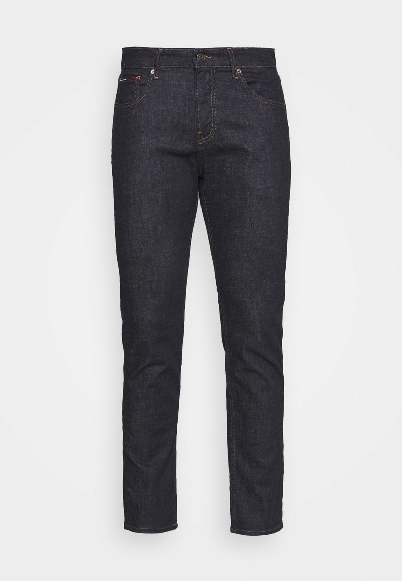 Donkerdenim jeans met een slim fit, uitgevoerd in het klassieke vijf-pocket ontwerp, oranje stiksels en een knoopsluiting bij de taille.