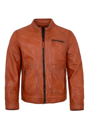 Braune Herrenlederjacke mit Stehkragen, Frontreißverschluss, zwei unteren Reißverschlusstaschen und einer Reißverschlusstasche auf der Brust.