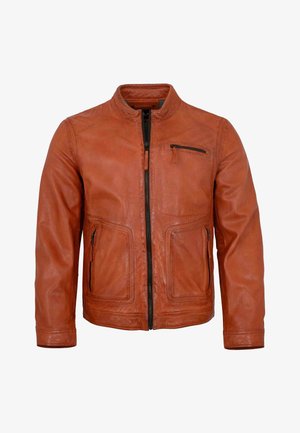 Braune Herrenlederjacke mit Stehkragen, Frontreißverschluss, zwei unteren Reißverschlusstaschen und einer Reißverschlusstasche auf der Brust.