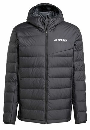 Veste noire matelassée à capuche avec fermeture éclair frontale et logo TERREX sur la poitrine, conçue pour les activités de plein air par temps froid.