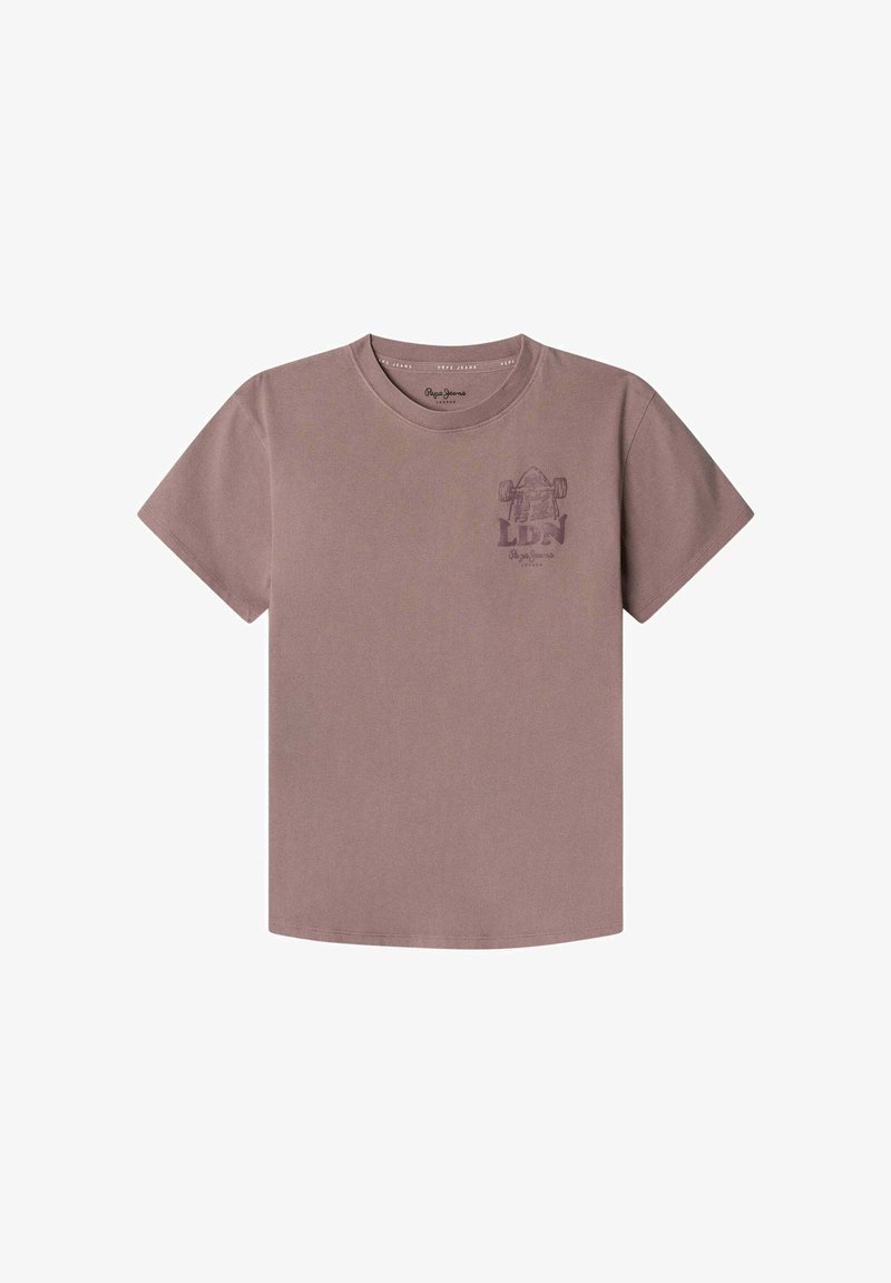 Violetinis medvilninis marškinėliai su apvaliu iškirpimu ir trumpomis rankovėmis, ant kurių priekio yra grafikos spauda su tekstu "LDN."