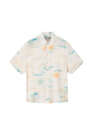 Kortærmet skjorte med knapper, lysecremefarvet baggrund og pastel tropisk print i blå, gul og orange nuancer.