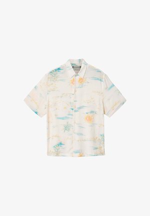 Kurzärmliges Hemd mit Knopfleiste, hellem cremefarbenem Hintergrund und pastellfarbenem tropischem Muster in Blau-, Gelb- und Orangetönen.