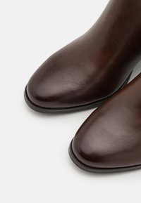 Cizme de gleznă din piele maro, cu un design cu vârf ascuțit, textură netedă și o talpă subțire din cauciuc negru. Fără hardware vizibil sau modele.