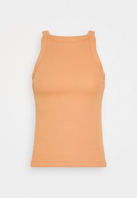 Canotta pesco a costine con design aderente, scollatura tonda e spalline a halter. La texture liscia e i bordi senza cuciture aumentano il comfort.