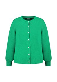 Groen gebreid vest met een ronde hals, lange mouwen en vijf witte knopen aan de voorkant. Gestructureerde stof en geribde zoom.