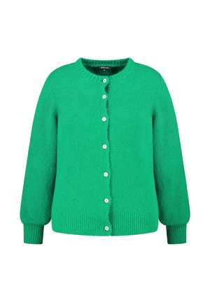 Groen gebreid vest met een ronde hals, lange mouwen en vijf witte knopen aan de voorkant. Gestructureerde stof en geribde zoom.